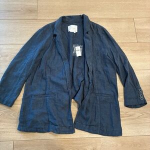 NWT By Anthropologie Linen Navy Blue Asymmetrical Open Front Blazer Size 12